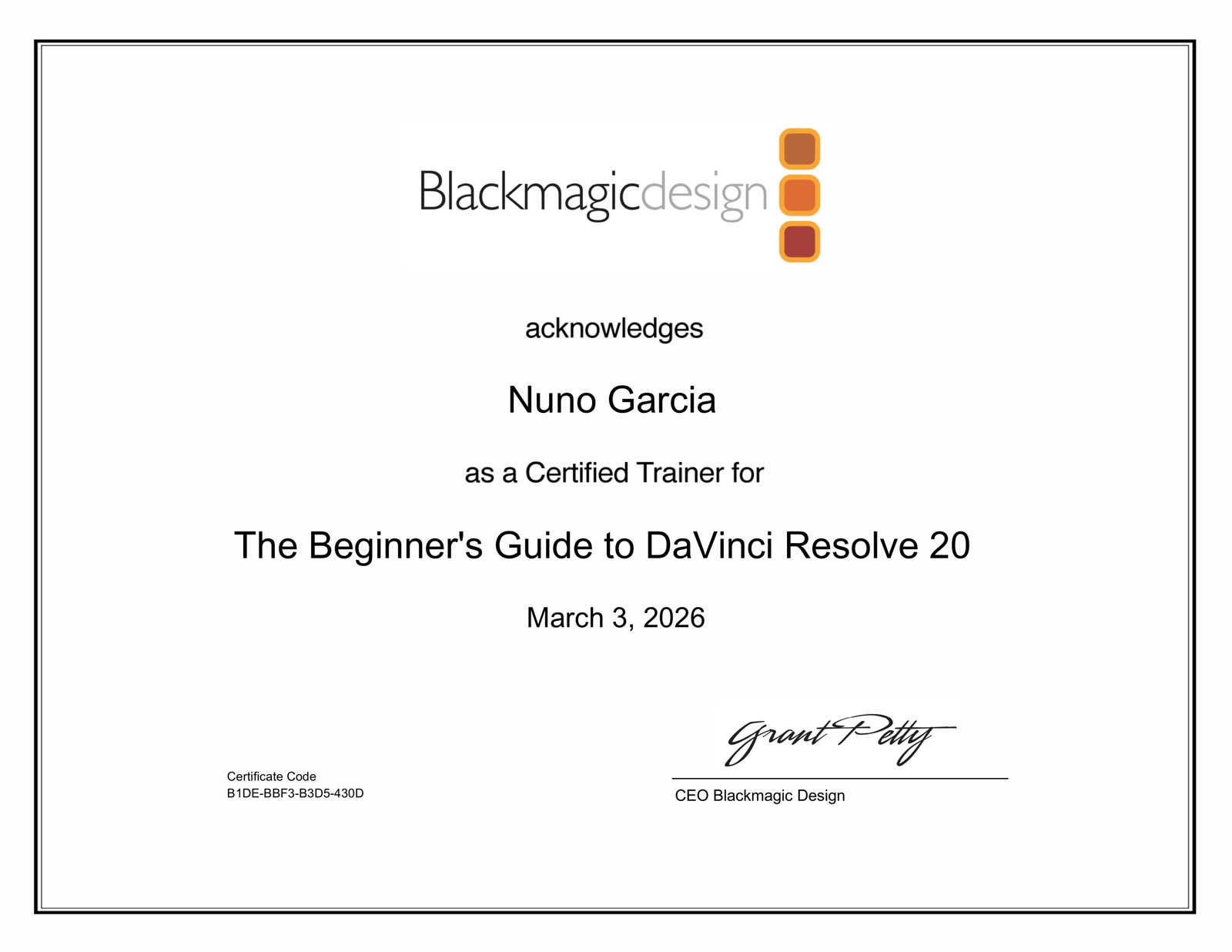Certificado Blackmagic Design — Beginner Recert